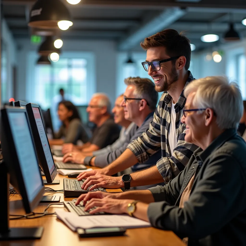 Grupa osób starszych bawiących się w gry planszowe w świetlicy.